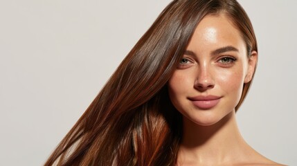 Naklejka premium Young woman with natural beauty and radiant skin, showcasing healthy long brown hair flowing across her face, capturing a fresh and glowing look for cosmetics and wellness themes
