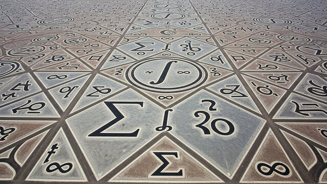 Intricate mathematical symbols on geometric tile pattern: a detailed view of calculus and algeintimate apparel symbols
