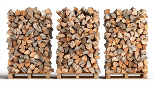 Three neat stacks of chopped wood resting upon wooden pallets against a white background