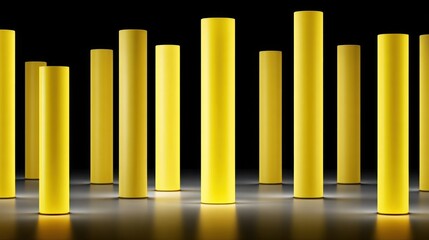 Fototapeta premium Numerous glowing yellow cylindrical shapes illuminate a dark, reflective surface.
