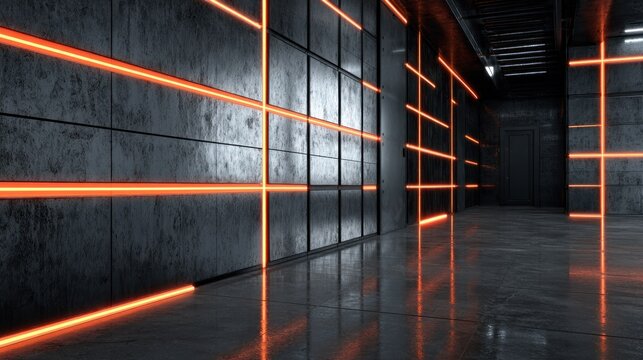 Dark futuristic corridor illuminated by intersecting lines of vibrant orange light