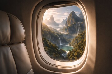 Fototapeta premium Scenic Mountain Waterfall View from Airplane Window with Soft Morning Light