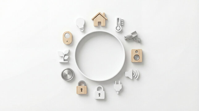 Smart home devices arranged around empty circle on white background for connected living security automation energy control interface branding or residential technology presentation