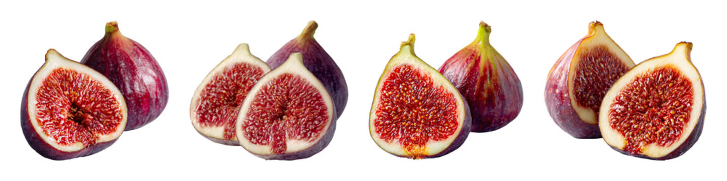 Fresh whole and sliced purple figs collection for culinary design PNG set isolated on transparent background
