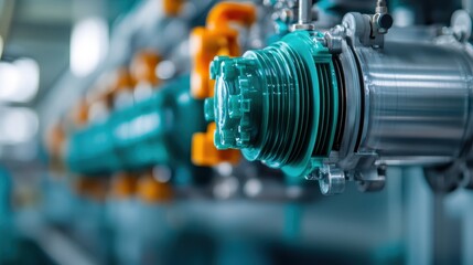 Fototapeta premium An intricate view of an industrial machinery component showcasing precision engineering and blue tones, representing innovation and the complexity of modern technology.