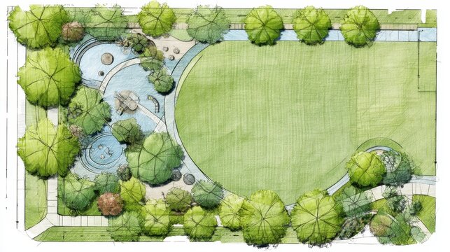 Urban park landscape drawing showcasing a site plan for a public green space, featuring grass lawn, trees, playground area, and walkways, representing architectural design and planning