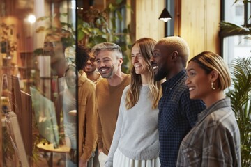 Obraz premium Diverse coworkers standing together indoors showing teamwork collaboration and positive modern workplace environment