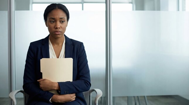 African-American young woman awaiting job interview nerves clutching
