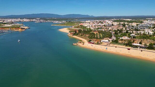 Aerial View on Ferragudo in Algarve Portugal, flying forwards