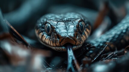 Obraz premium An intricate close-up photo of a striking serpent, showcasing its scales and piercing eyes, revealing the beauty and complexity of nature's creatures.