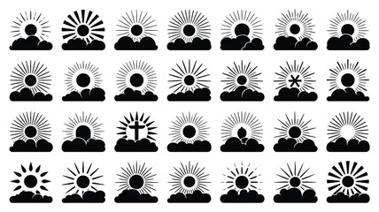 Naklejka premium Black silhouettes of people with sunburst and starburst rays in minimalist icon pack aesthetic design for branding