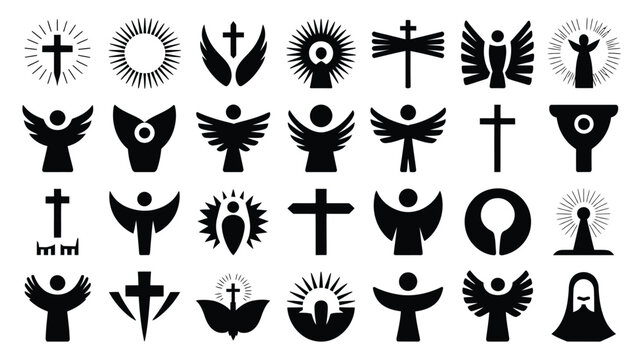 Black and white religious symbols featuring angels wings crosses and halos in minimalist design for faith and spirituality themes