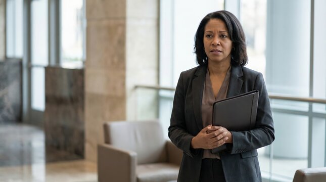 African-American middle-aged woman experiencing job interview nerves
