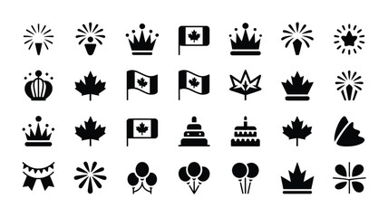 Obraz premium Black and white icon set featuring celebratory symbols crowns maple leaves flags cakes and fireworks for festive events