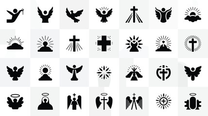Obraz premium Black and white symbol collection featuring icons of wings crosses halos and religious figures for spiritual design