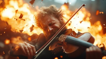 Fototapeta premium This dramatic image shows a passionate violinist playing fiercely amidst an explosion, portraying the intense emotions that music can evoke even in chaos.