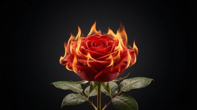 Fiery red rose blooming with flames against a dark background