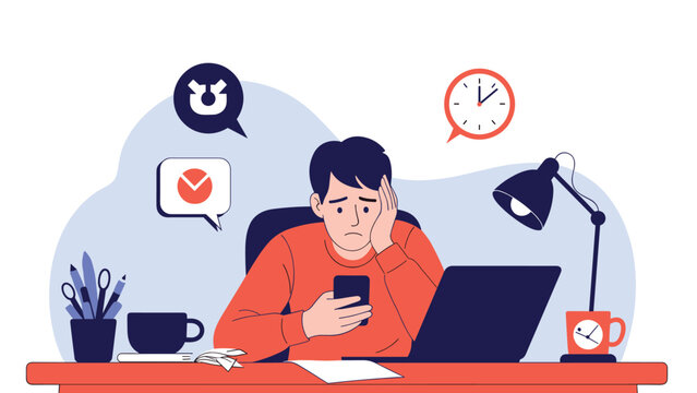 Stressed man at his desk looking at his smartphone with a laptop and various icons representing time pressure and multitasking in a busy office.
