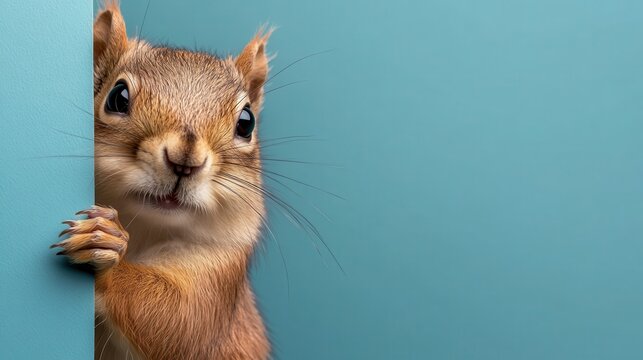 A charming squirrel peeks around a vibrant blue wall, showcasing its inquisitive nature and lively personality with adorable details making it an engaging animal portrait.