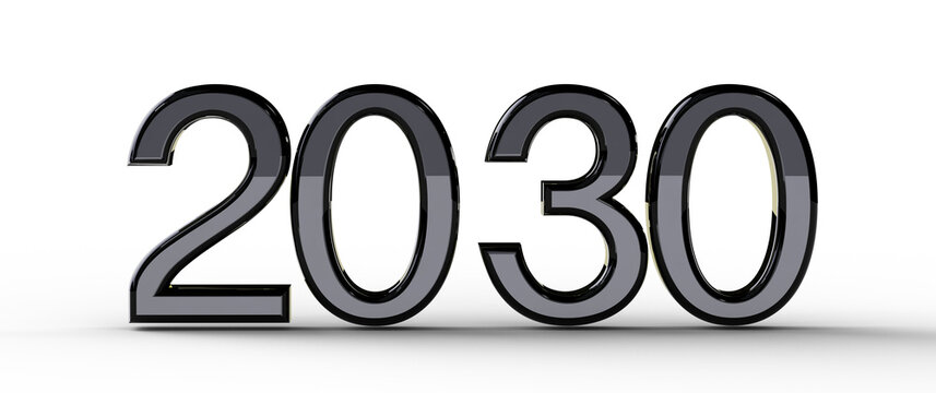 Abstract design featuring the year 2030 in glossy metallic finish, set against a clean white background. Perfect for fut
