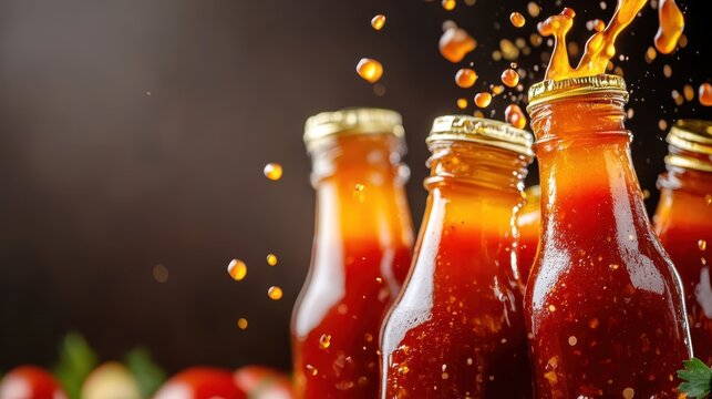 A vibrant display of tomato juice bottles captures the essence of freshness, perfect for summer gatherings or health-focused promotions with splashes accentuating the appeal.