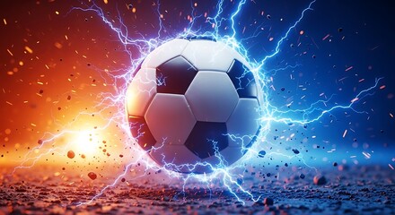 Fototapeta premium A vibrant soccer ball at the center of an explosive cosmic energy burst, glowing with electric blue and fiery orange hues, creating a dynamic and powerful scene.