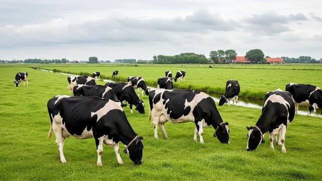 Herd of black and white cows grazing peacefully in a lush green pasture under a cloudy sky.
