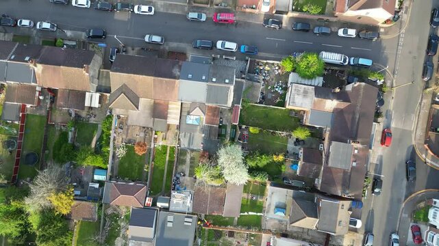 Urban Drone Flight Above Streets of British City and Town of England Great Britain. Drone Mounted Wide Angle Camera Footage Was Captured During Cold Day of 8th April, 2026. 