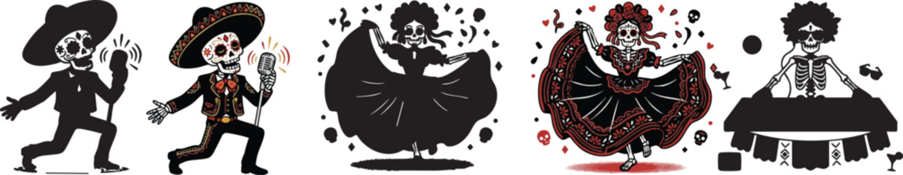Web Mexican Mariachi and Folklorico Dancer Skeleton Set - Dia de los Muertos and Cinco de Mayo Vector Characters - Calavera Musicians and Dancing Figures - Silhouette and Color Bundle