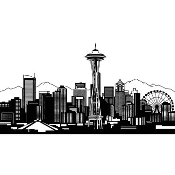 Seattle skyline illustration featuring the space needle and waterfront