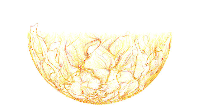 An abstract artwork featuring yellow and orange lines creates a half-sphere form against a white background, e