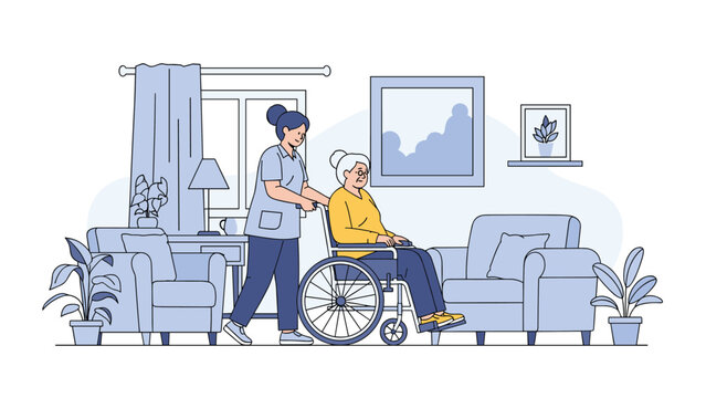 Compassionate young caregiver pushing senior woman in wheelchair through comfortable sunlit living room at assisted living home.