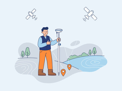 Vector Male surveyor using GNSS RTK receiver for coastal and land mapping illustration