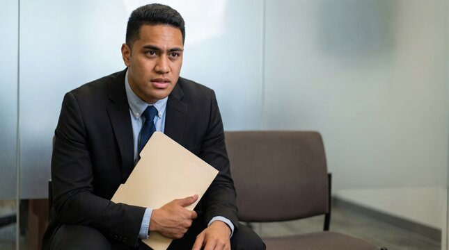 Pacific Islander young man with job interview nerves holding resume
