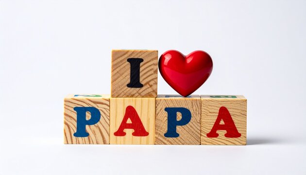 Wooden Alphabet Blocks Spelling I Love Papa with Red Heart on White Background