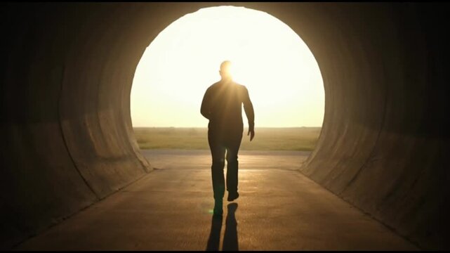 Silhouette man walking through urban tunnel at sunrise and sunset with dramatic light and shadow, underground mystery journey of loneliness, solitude, hope and escape toward bright future