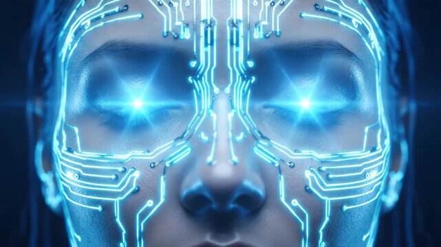 Close-up of a futuristic robotic face.