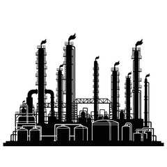 Obraz premium Silhouette of an industrial oil refinery complex against a white background