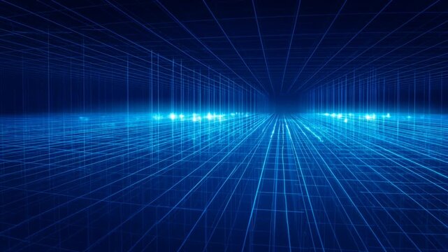 Futuristic digital grid blue neon virtual abstract cyber background technology with glowing light perspective data line pattern cyberspace design modern internet connection glow motion