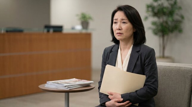 East Asian middle-aged woman with job interview nerves holding