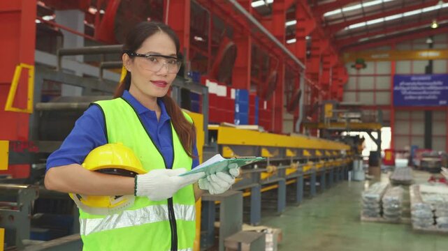 Female worker inspect rust proof coated corrugated metal sheets ensuring strength aesthetics before shipment distributors within the industrial metal sheet manufacturing plant.