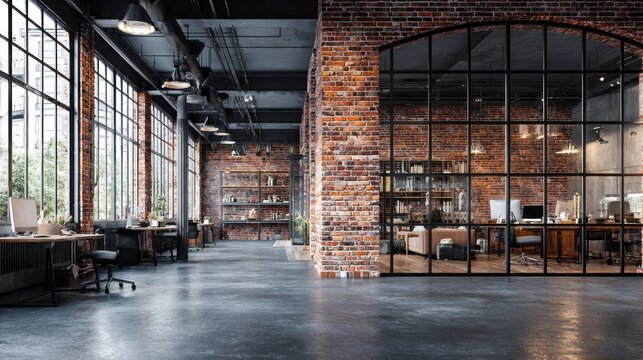 Industrial style open plan workspace features exposed brick walls and large factory windows