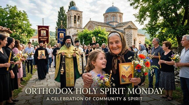 Orthodox Holy Spirit Monday sacred religious procession, faithful person celebrating church holiday, spiritual community gathering, traditional ceremony with priest.