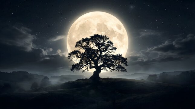 Full Moon Rising Behind Lone Ancient Oak Tree Silhouette on Hilltop