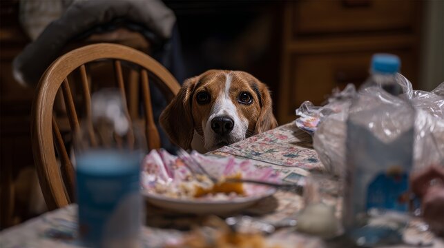 Beagle dog pet begging table food plate leftovers hand indoor home eyes cute domestic playful hungry kitchen animal looking waiting meal light lifestyle moment