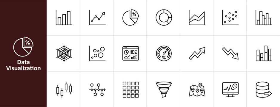 Data Visualization and Analytics Line Icon Set - Minimalist Chart and Graph Vector Illustrations