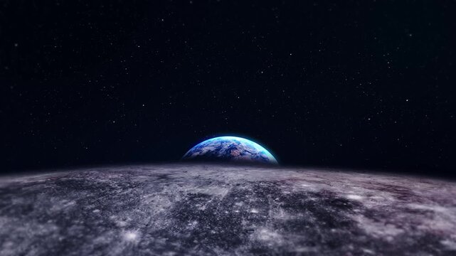 Earth Rising Above Moon surface under star filled sky Deep Space Star Background, space documentaries, astronomy visuals, sci fi intros, cinematic backgrounds, cosmic storytelling realistic textures