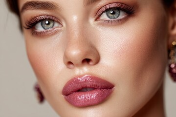 Fototapeta premium Close-up beauty portrait of a woman with flawless skin, blue eyes, shiny lip gloss