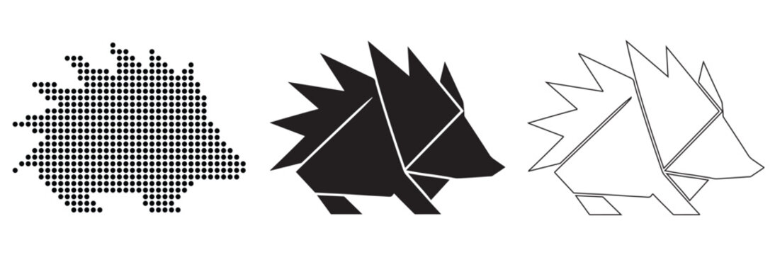 Three stylized hedgehog illustrations: pixelated, solid black, and outline