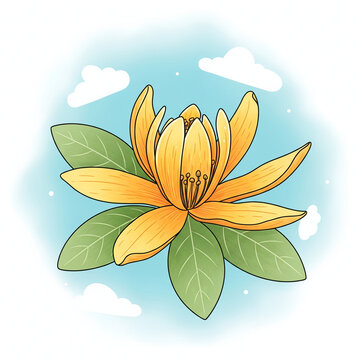 Yellow magnolia champak flower illustration with green leaves against a blue sky with clouds

